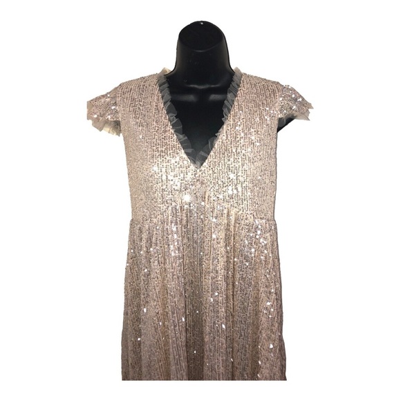 Gold shimmery sequin lace trim v-neck babydoll swing tent dress size medium new - Picture 6 of 16